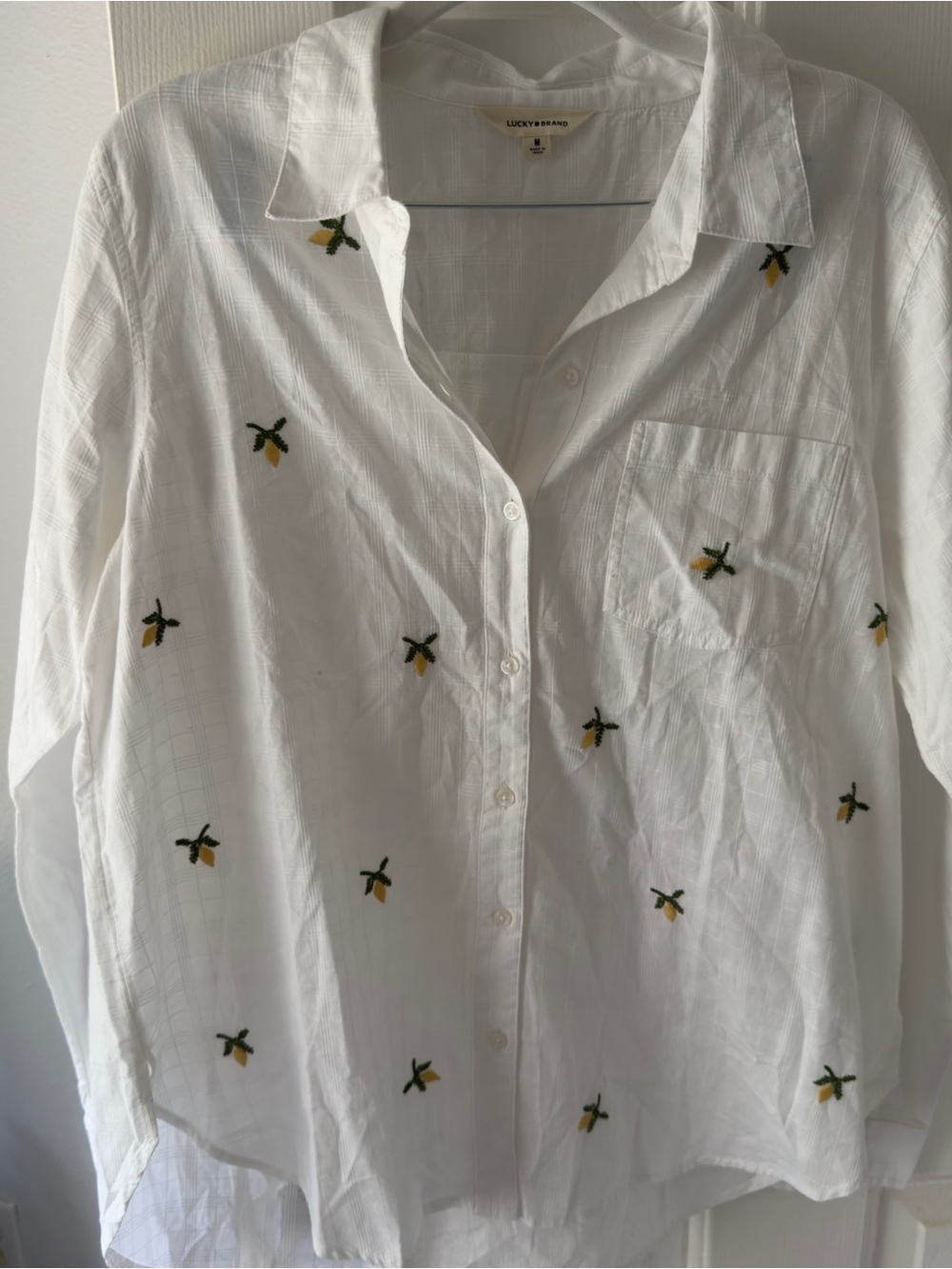 Lucky Brand White Button-Up Shirt with Yellow & Green Embroidery linen